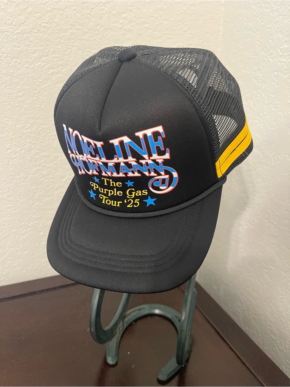 OTTO Black Mesh Trucker Hat with Yellow Side Stripe and Multicolor Front Print